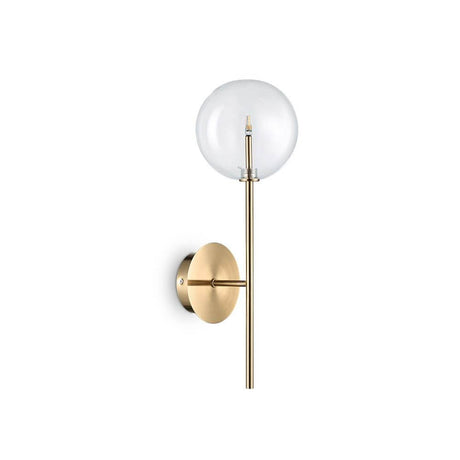 Wandleuchte Equinoxe Messing-Antik mit kugelförmigem Glasschirm und goldfarbener Wandhalterung.