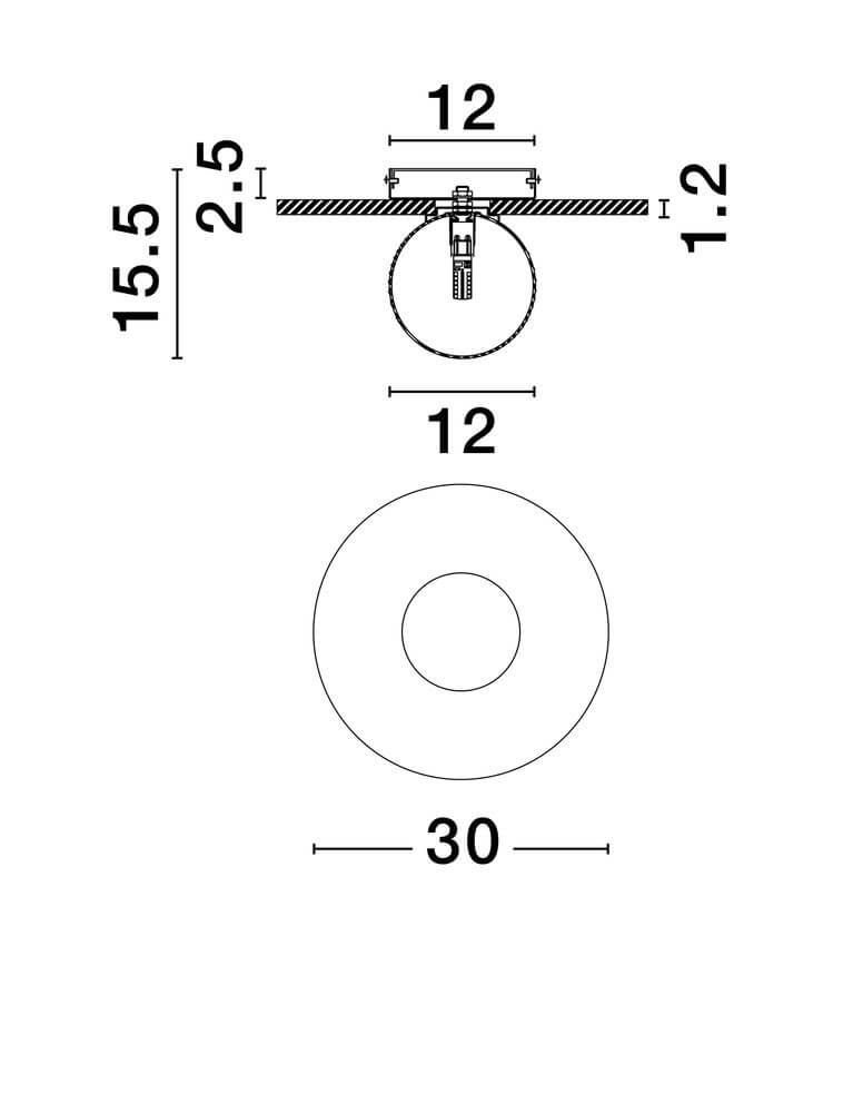 Technische Zeichnung der Idor Deckenleuchte Ø 30cm G9 Marmor mit Maßen von 30cm Durchmesser.