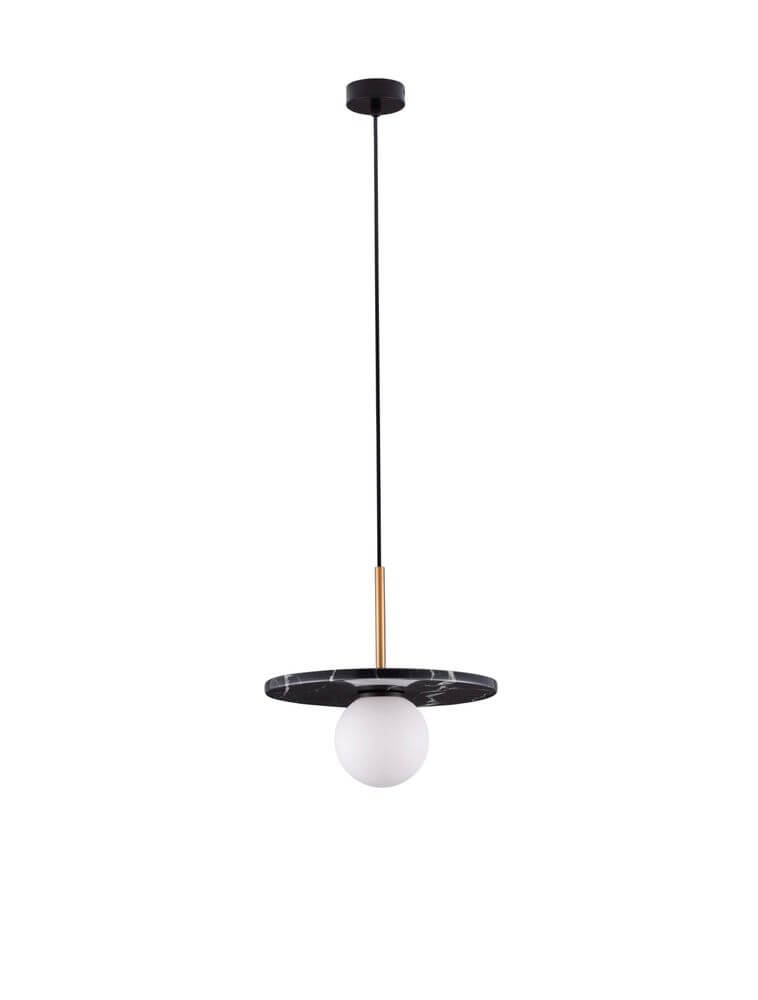 Idor Pendelleuchte Ø 30cm G9 Marmor mit schwarzem Marmorschirm und moderner Glaskugel.