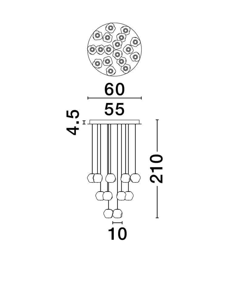Technische Zeichnung der Ifos LED Pendelleuchte 18-flammig Ø 55cm 3000K Schwarz mit Maßen.