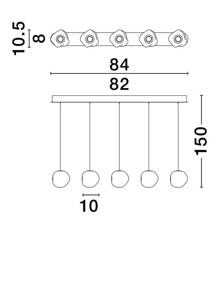Maßzeichnung der Ifos LED Pendelleuchte Balken 62cm 5-flammig 3000K Schwarz mit Abmessungen.