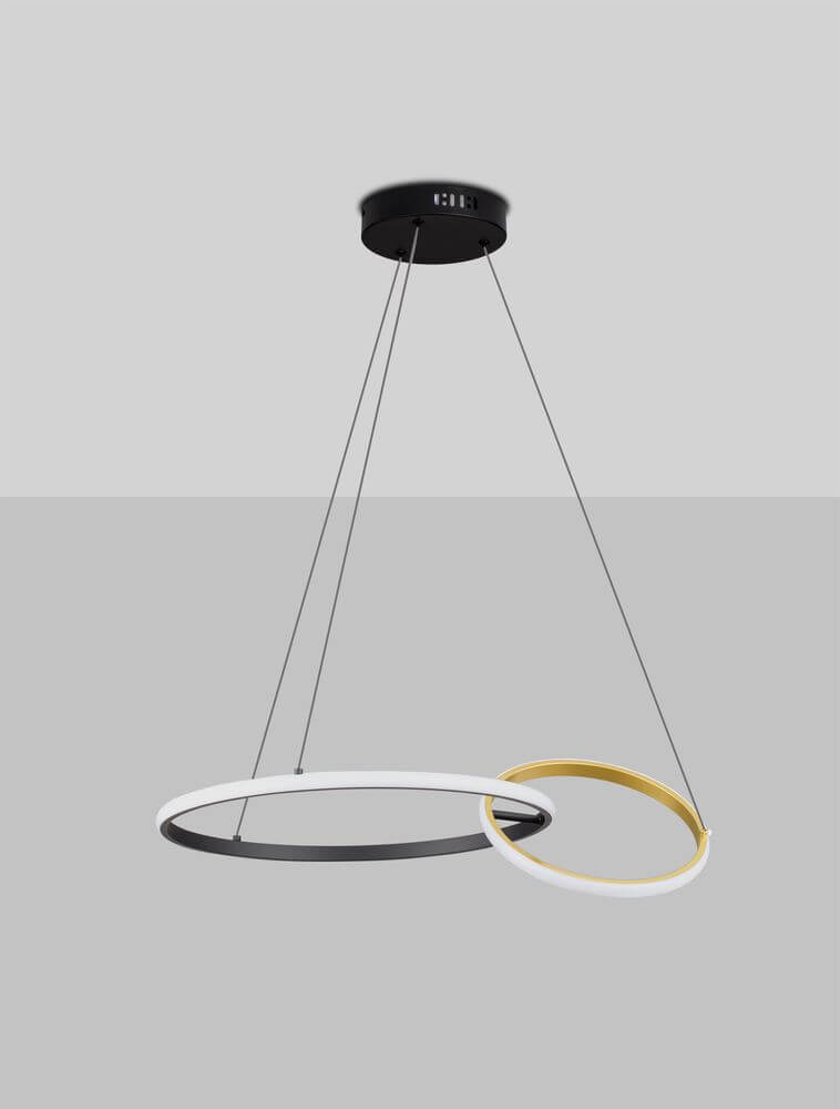Imar LED Pendelleuchte 2-flammig Ø 63cm 3200K Schwarz, Gold in modernem Design mit mattschwarzem Aluminium und goldenen Akzenten.