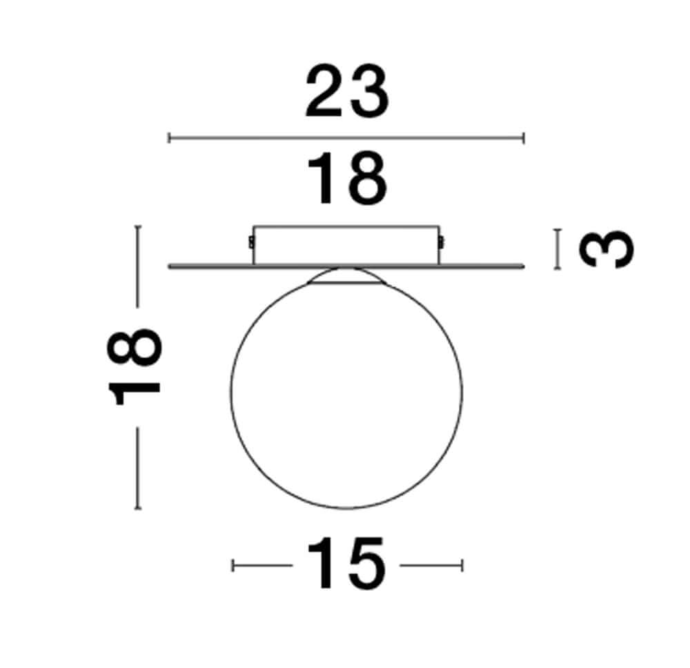 Technische Zeichnung der Indigo Deckenleuchte Gold, Weiß mit Abmessungen von 23x18x3 cm und runder Form.
