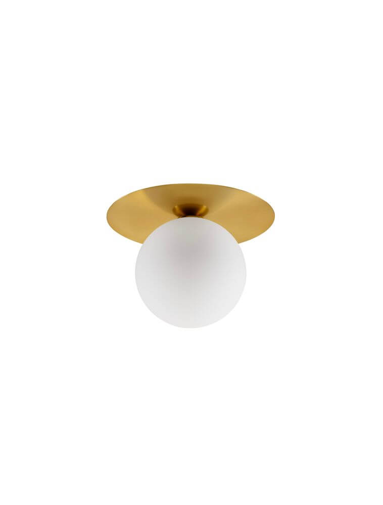 Indigo Deckenleuchte Gold, Weiß mit goldener Deckenplatte und weißem Glasschirm, ideal für moderne Räume.