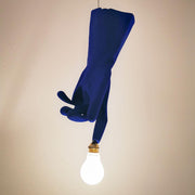 Ingo Maurer LED Pendant lamp Blue Luzy rubber glove with matte light bulb light and blue rubber glove.