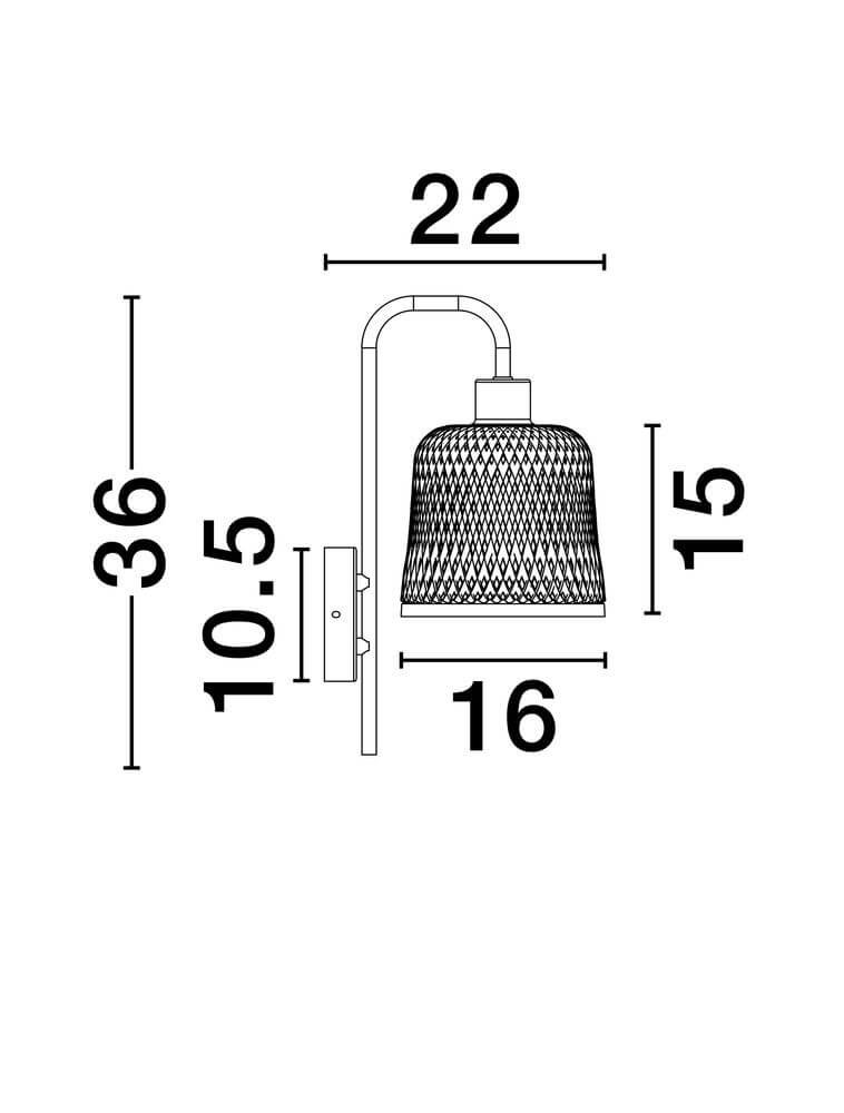 Technische Zeichnung der Intra Wandleuchte Natur, Schwarz, mit Abmessungen und Designdetails.