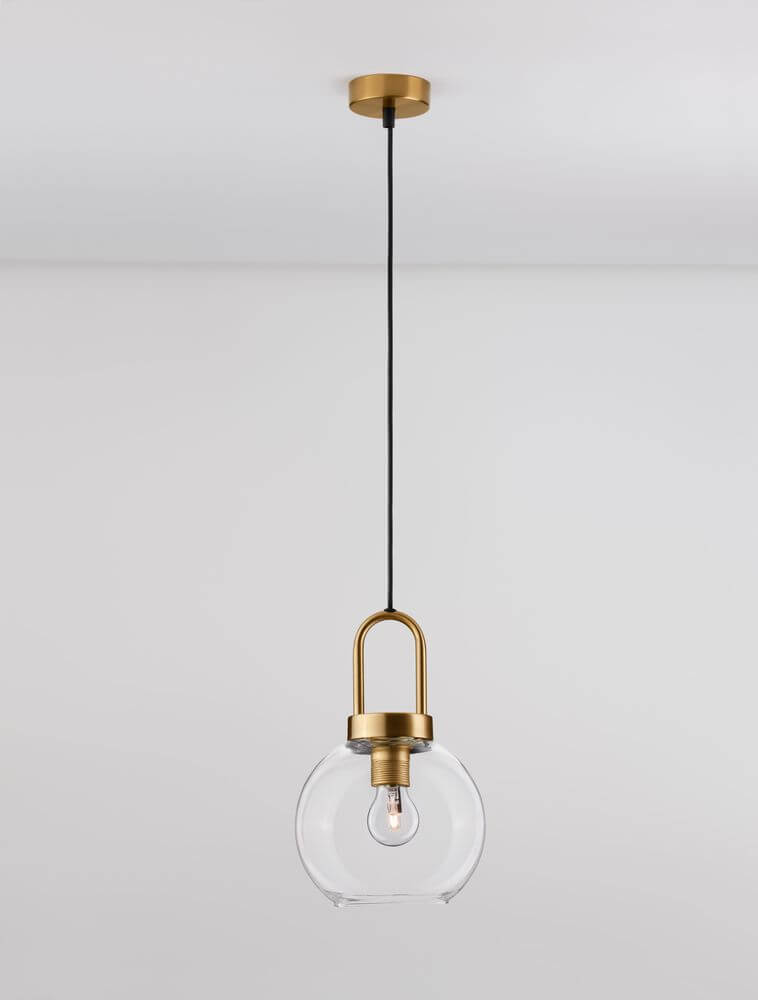 Irvine Pendelleuchte Ø 20cm Gold, Transparent in stilvollem, modernem Design mit klarem Glas und goldener Befestigung.