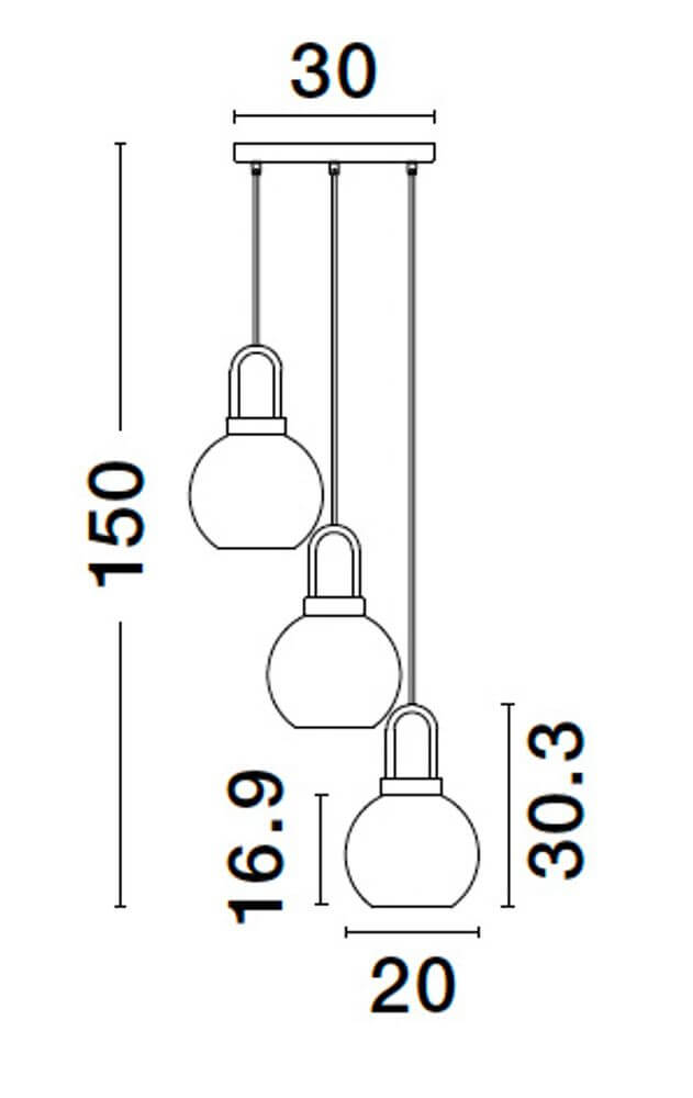 Maßzeichnungen der Irvine Pendelleuchte 3-flammig Ø 30cm Gold, Transparent mit Abmessungen.