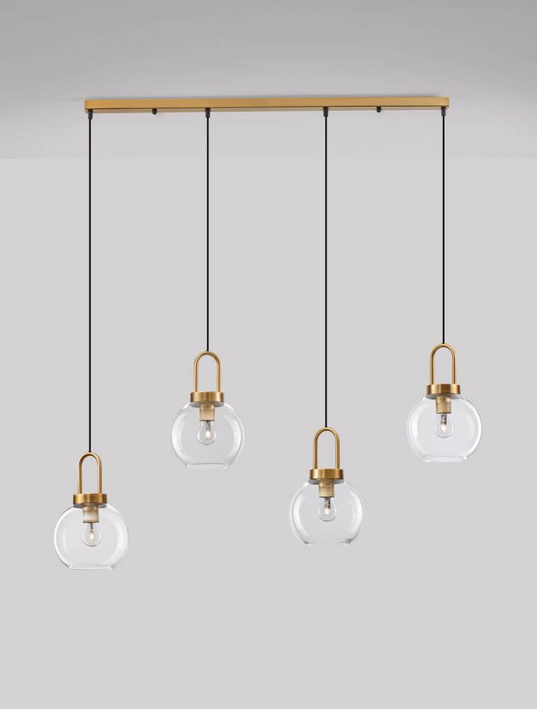 Irvine Pendelleuchte Balken 97,5cm 4-flammig Gold, Transparent mit modernen Glaskugeln.