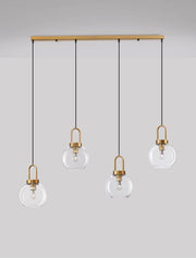 Suspension Irvine en barre 97,5 cm à 4 lampes, or, transparent avec modernes globes en verre.