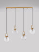 Irvine Pendelleuchte Balken 97,5cm 4-flammig Gold, Transparent mit vier transparenten Glühbirnen.