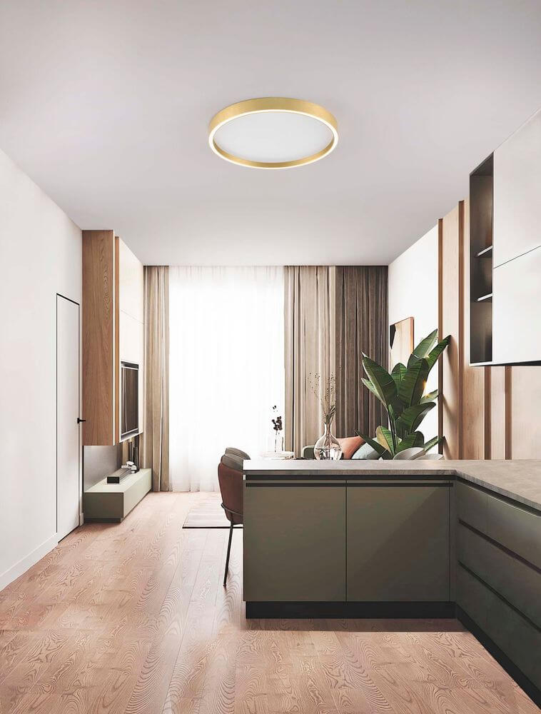 Moderne ISTOS Deckenleuchte Ø 50cm in einem stylishen Wohnraum, dimmbar mit DIP-Switch-Funktion.
