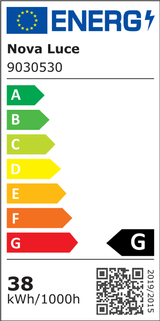 Energieeffizienzlabel für Nova Luce Deckenleuchte mit Wert G und Verbrauch von 38 kWh/1000h.