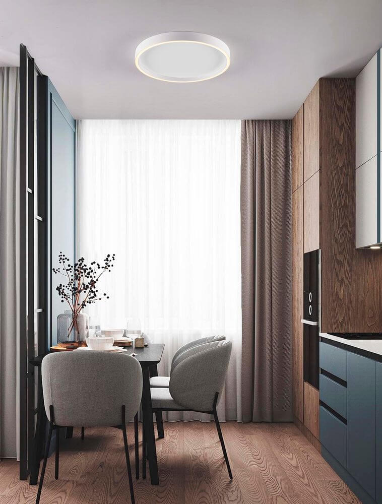 Moderne ISTOS Deckenleuchte Ø 50cm in stylischem Essbereich mit dimmbarem Licht.
