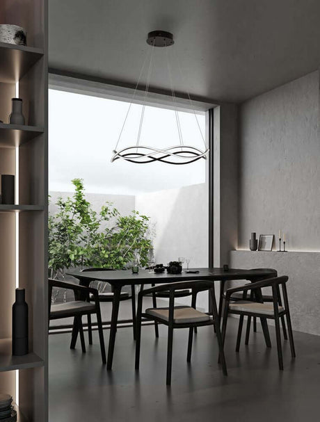 Plafonnier Jinal LED à 2 lampes 3000K noir dans un salon moderne au-dessus d’une table.