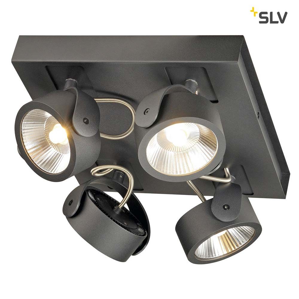 Kalu LED Wand- & Deckenleuchte in Schwarz, dimmbar, vier Spot-Lichter auf quadratischem Panel.