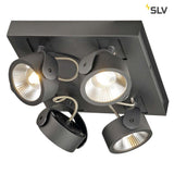 Kalu LED Wand- & Deckenleuchte in Schwarz, dimmbar, vier Spot-Lichter auf quadratischem Panel.