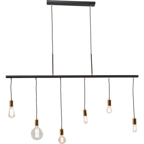 Hängeleuchte Pole Black Six mit warmem Licht, schwebend an Decke und eleganten Glühbirnen.