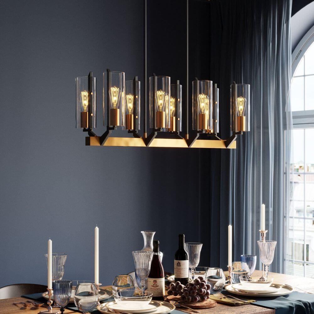 Hängeleuchte Wizard Dining über einem eleganten Esstisch mit strahlendem Licht für stilvolle Abendessen.