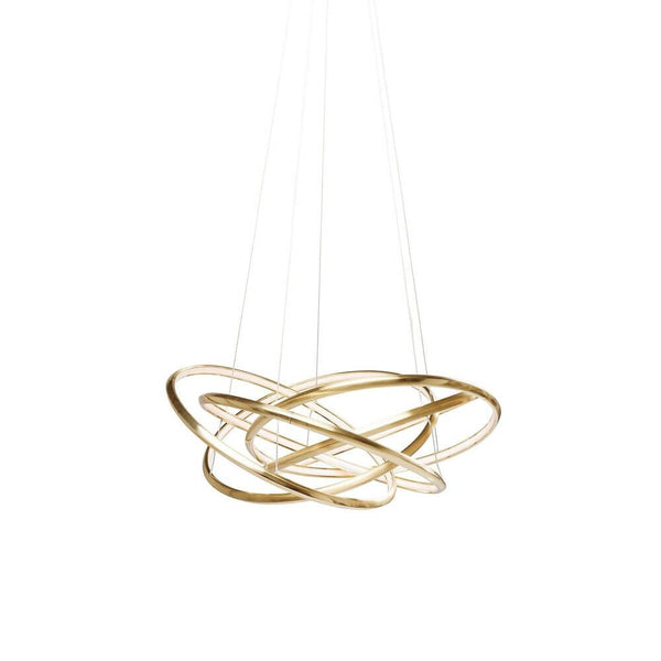 LED-Hängeleuchte Saturn LED Gold Big in modernem Design mit messingfarbenen Ringen zur indirekten Beleuchtung.
