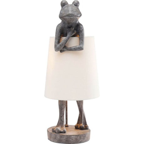 Tischleuchte Animal Frog Grau, Froschskulptur als Tischleuchte mit Leinen-Schirm und charmantem Design.