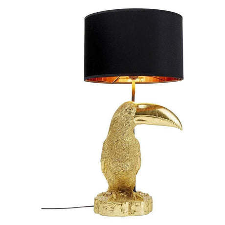 Tischleuchte Toucan Goldfarben mit goldfarbenem Tukansockel und schwarzem Lampenschirm.