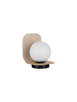 Moderne Kamen Tischleuchte E14 mit Holz- und Glaskugel, Ø 14cm, stilvolle Beleuchtung für Zuhause.