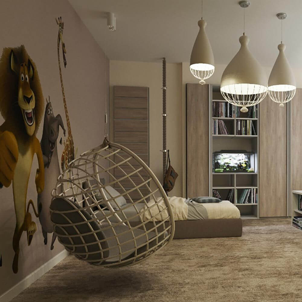 Karman Hängeleuchte Le Trulle in einem modernen Kinderzimmer mit einem Hängehäuschen und Tiermotiven an der Wand.
