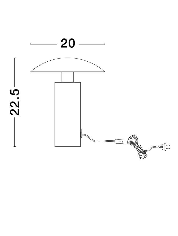 Karpos LED Tischleuchte Ø 20cm 3000K mit Maßen und Kabelansicht.