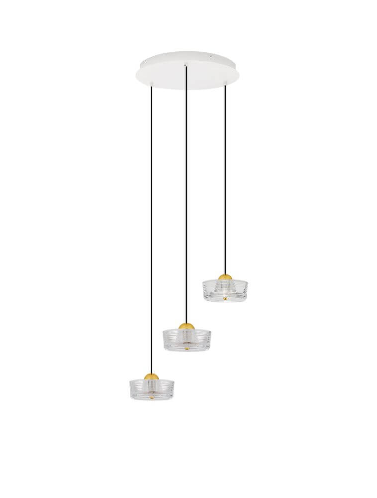 Keros LED Pendelleuchte 3-flammig 3000K Gold mit drei Glaslampenschirmen in unterschiedlicher Höhe.
