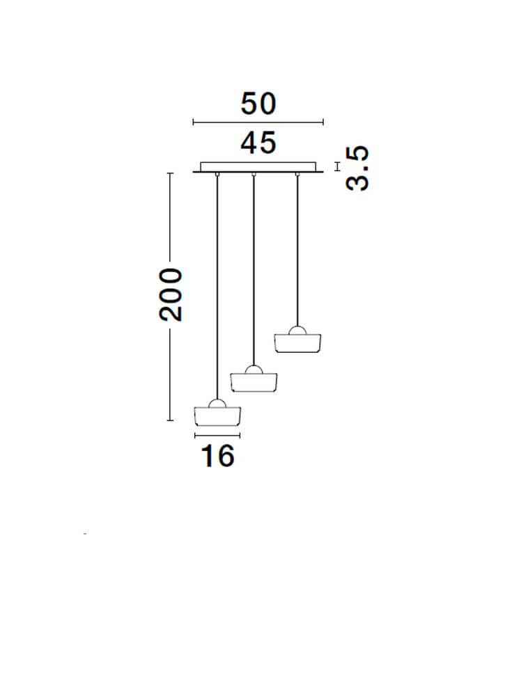 Technische Zeichnung der Keros LED Pendelleuchte 3-flammig 3000K Gold mit Abmessungen.
