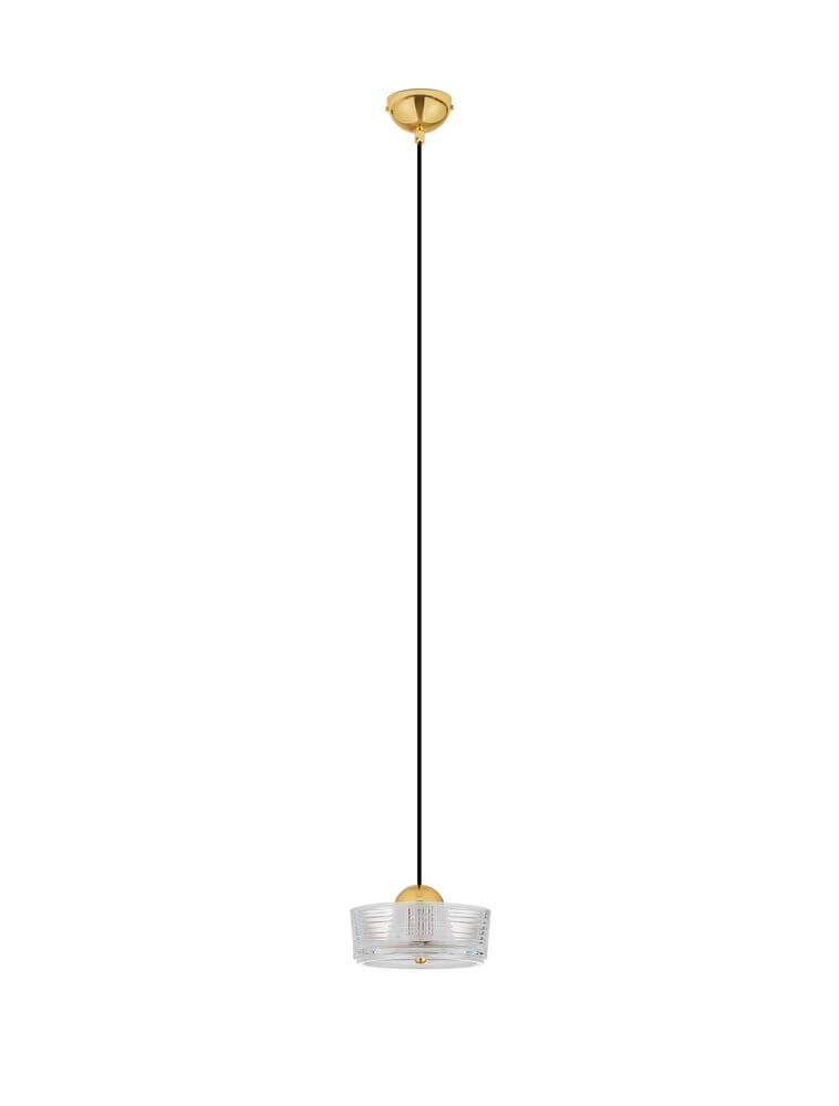Keros LED Pendelleuchte 3000K Gold an einem schwarzen Kabel mit goldenem Baldachin für modernes Interieur.