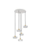 Keros LED Pendelleuchte 5-flammig 3000K Gold mit fünf hängenden Glaskörpern und goldenen Details.