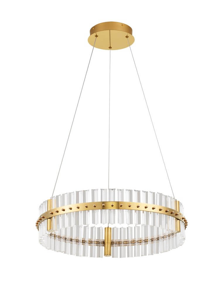 Kezo LED Pendelleuchte Ø 60cm 3000K Gold in elegantem Design mit goldfarbenem Edelstahl und klarem Glas.