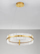 Kezo LED Pendelleuchte Ø 60cm 3000K Gold in elegantem Design mit goldfarbenem Edelstahl und klarem Glas.