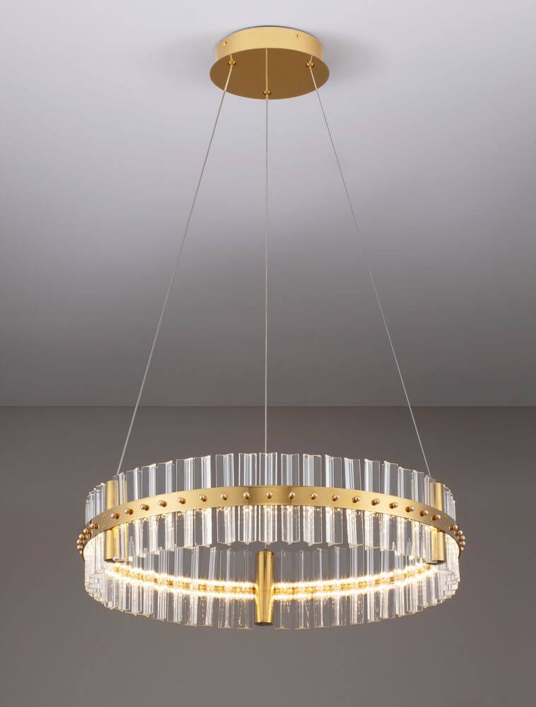 Kezo LED Pendelleuchte Ø 60cm 3000K Gold mit elegantem Design aus Edelstahl und Glas.
