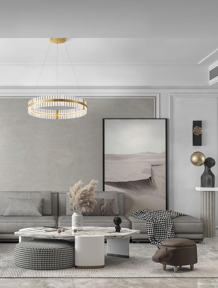 Kezo LED Pendelleuchte Ø 78cm 3000K Gold in modernem Wohnzimmer mit eleganter Einrichtung.