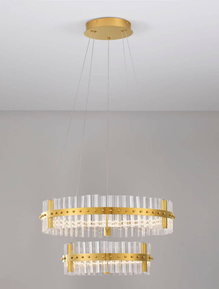 Kezo LED Pendelleuchte 2-flammig Ø 60cm 3000K Gold mit hochwertigem Metall und Glas im glamourösen Stil.