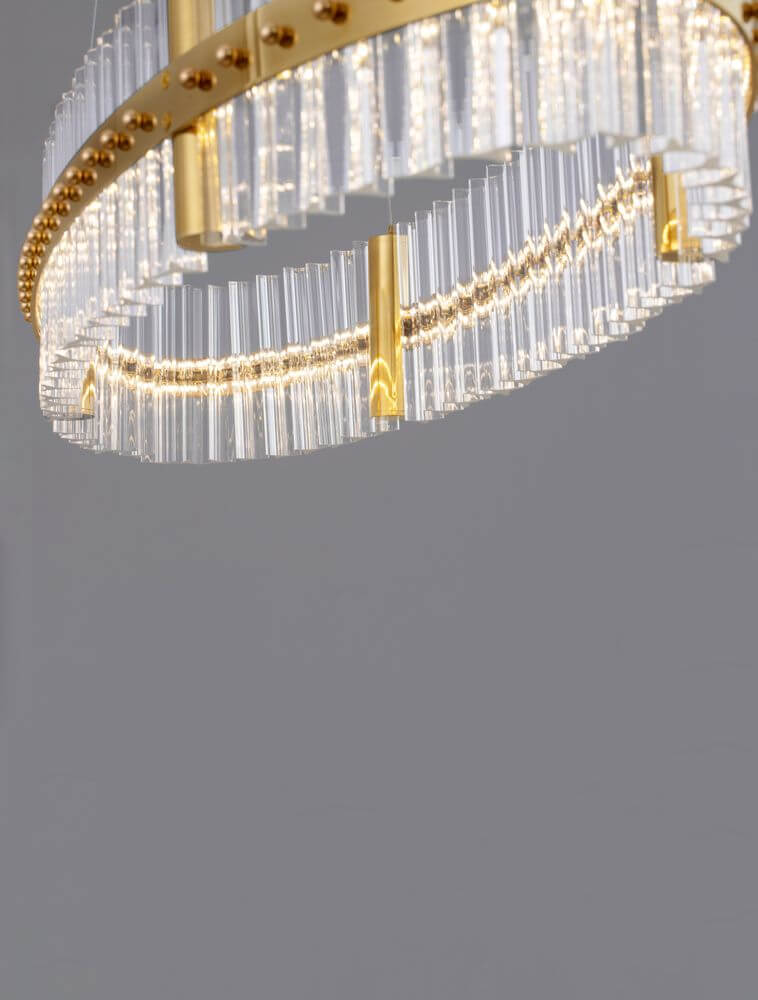 Kezo LED Pendelleuchte Oval Ø 90cm 3000K Gold mit edelstahl und glas, ideal für wohnzimmer oder esszimmer.