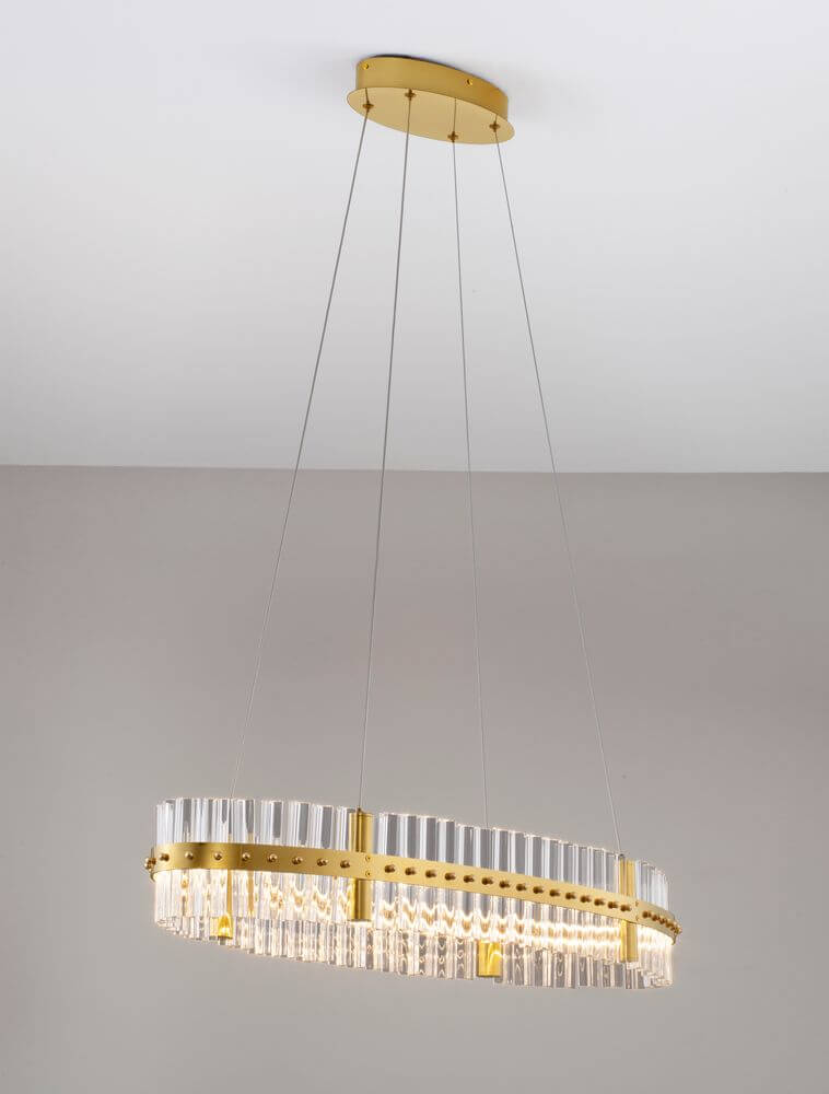 Kezo LED Pendelleuchte Oval Ø 90cm 3000K Gold, elegante Pendelleuchte mit gold-transparentem Design.