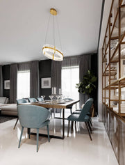 Kezo LED Pendelleuchte Oval Ø 90cm 3000K Gold in modernem Esszimmer mit gold-transparentem Glas