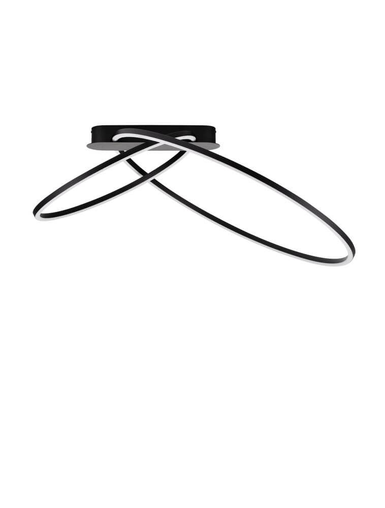 Kiklos LED Deckenleuchte 2-flammig mit zwei eleganten, geschwungenen Ringen in Schwarz, Ø 72cm, 3000K Lichtfarbe.