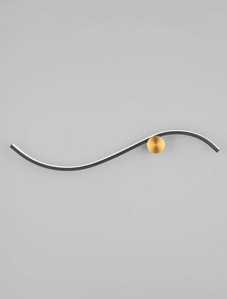 Kima LED Wandleuchte Geschwungen 3000K Schwarz, Gold mit goldener Kugel und modernem Design.