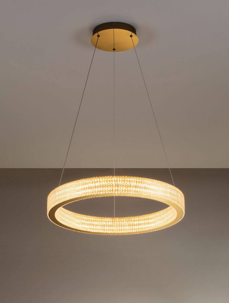 Kinara Pendelleuchte Ø 60cm 3000K Gold - elegante LED-Hängelampe mit hochwertigem Aluminium und funkelnder Acryl-Optik.