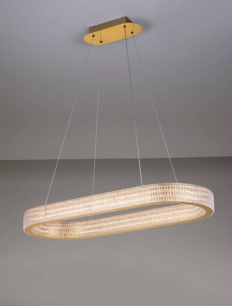 Kinara Pendelleuchte Stadion 3000K Gold, elegante goldene Deckenleuchte mit geschwungener Silhouette und warmweißem Licht.