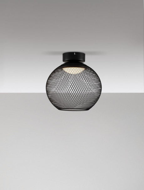Plafonnier Kinetic LED 3000K noir au design en treillis métallique moderne, idéal pour la chambre et le salon.