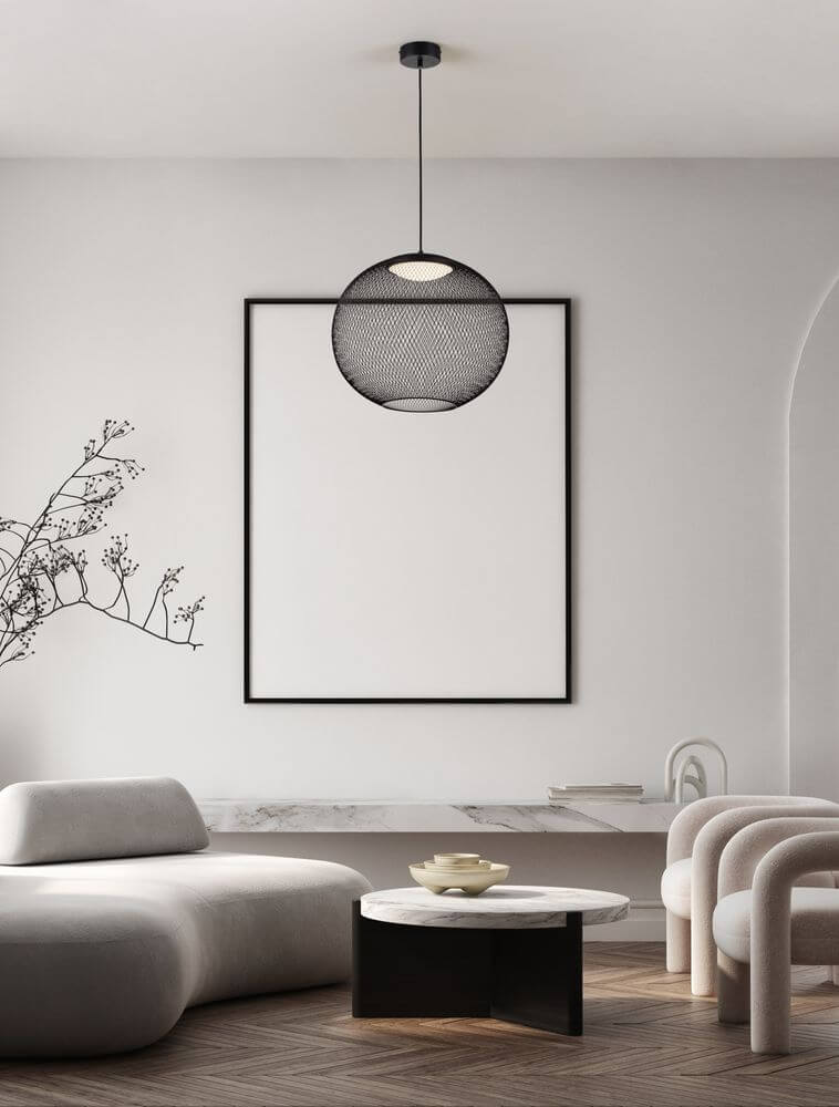 Moderne KINETIC LED Pendelleuchte 3000K in schwarzem Drahtgeflecht in stilvollem Innenraum.