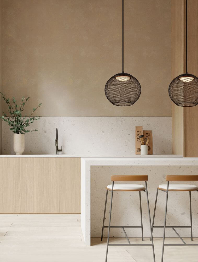 Moderne KINETIC Pendelleuchten aus schwarzem Drahtgeflecht in minimalistischer Küche.