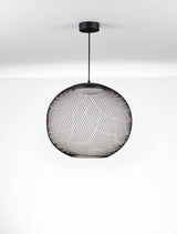 Kinetic LED Pendelleuchte aus schwarzem Drahtgeflecht, modernes Design für Wohn- und Schlafzimmer.