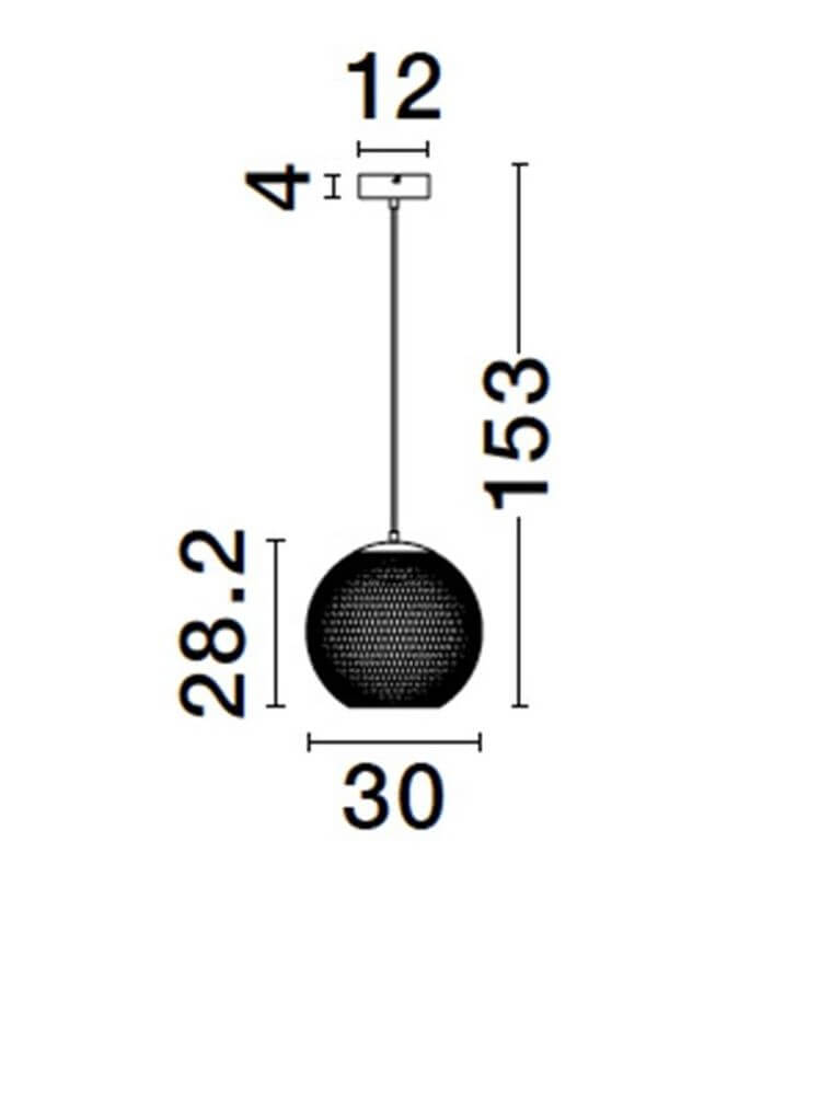 Technische Zeichnung der KINETIC Pendelleuchte, 153 cm hoch, 30 cm Durchmesser, schwarz.